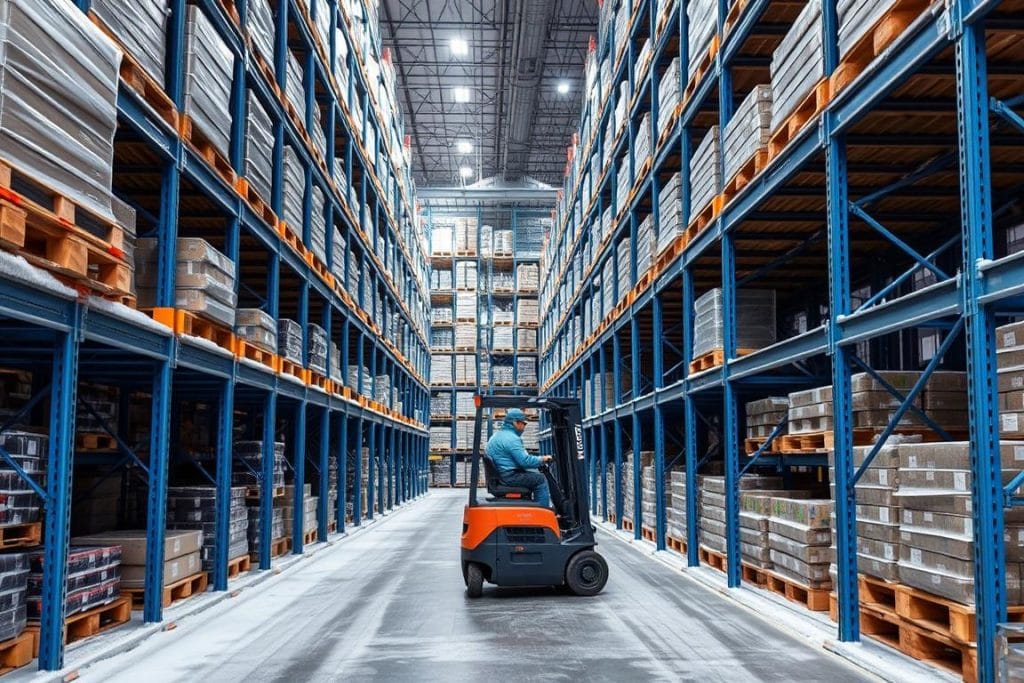 Kệ Drive-In trong môi trường kho lạnh với xe nâng đang vận hành