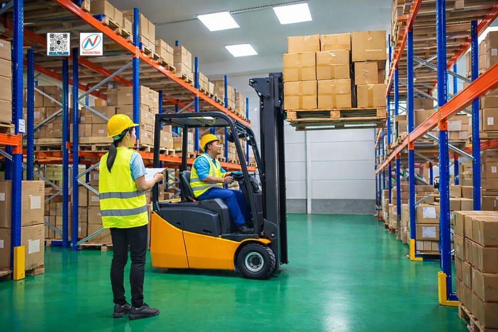 Workers operating forklift in warehouse.