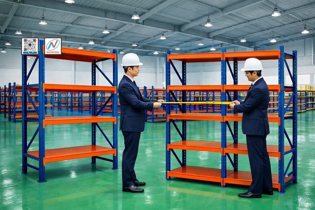 Two men discussing in warehouse setting.