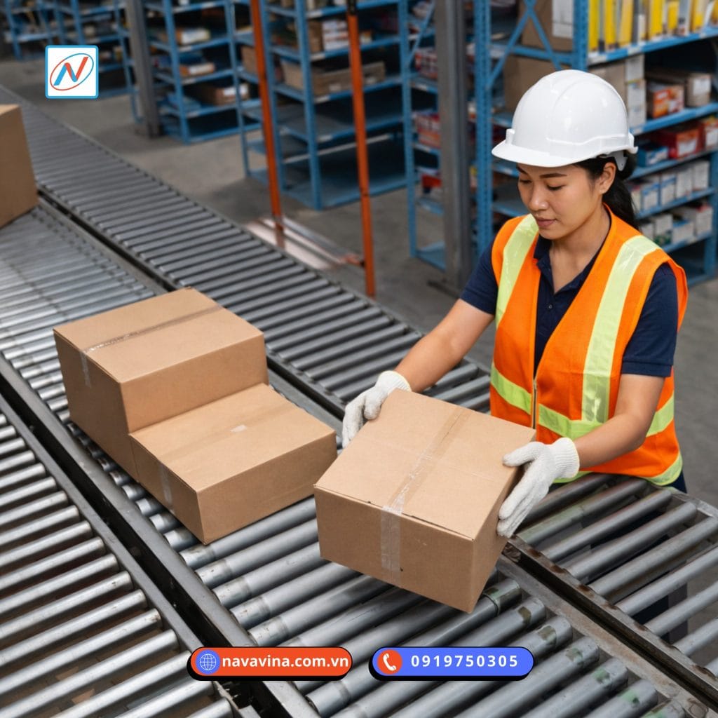 Khu vực picking trong kho TMĐT với các dãy kệ phía sau