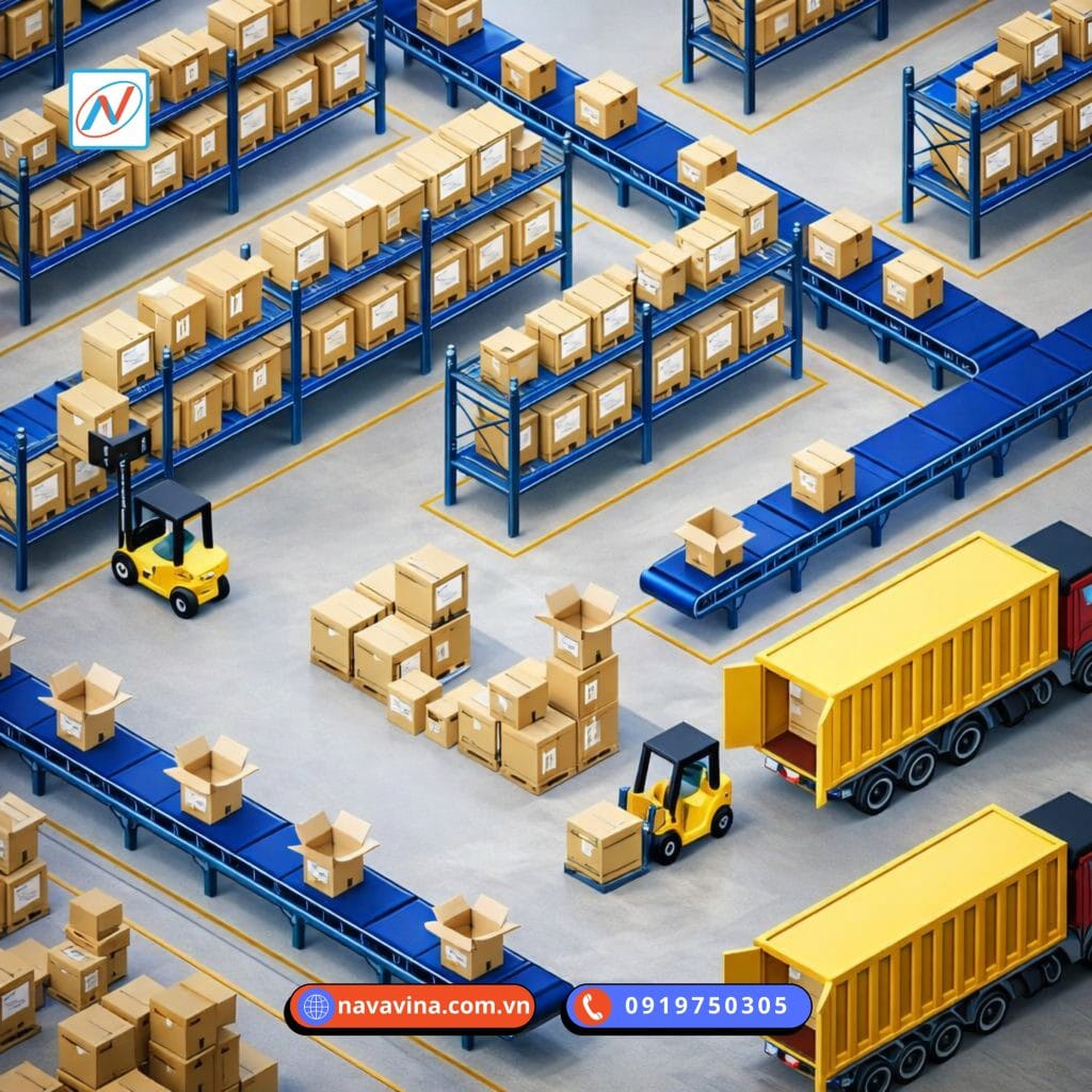 Layou bố trí 3d luồng xuất nhập vận hành, phân loại hàng hóa kho TMĐT