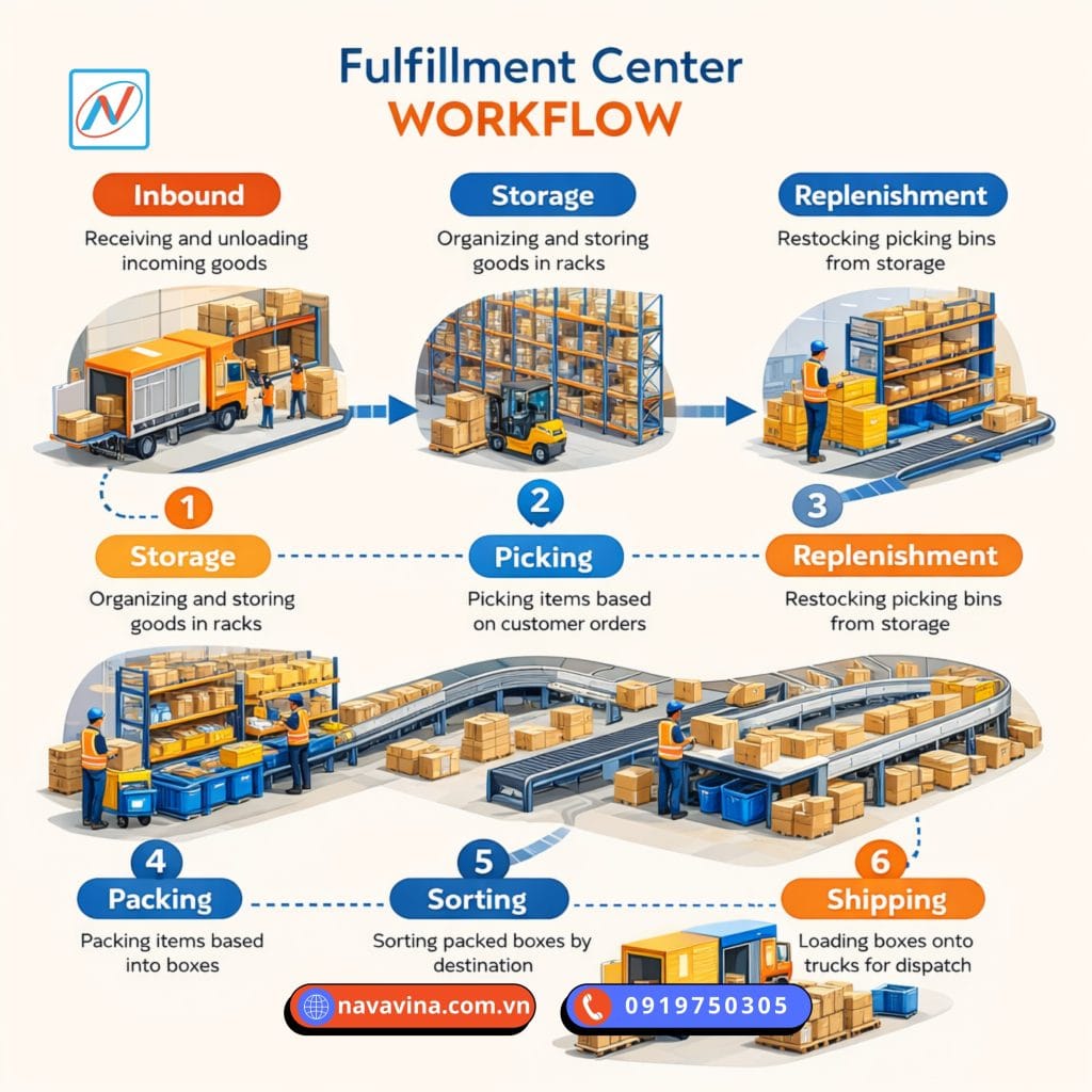 Workflow của một fulfillment center và vai trò của kệ