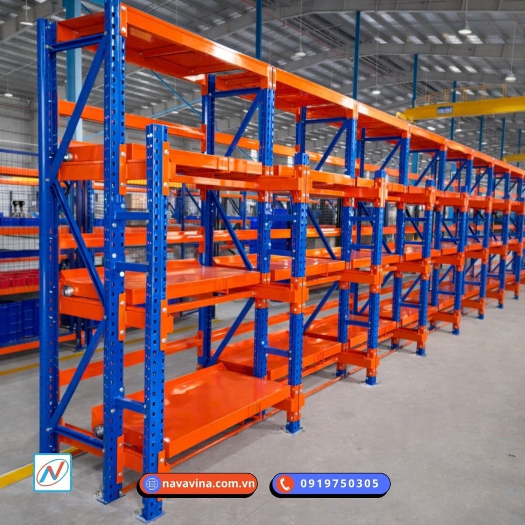 giá kệ kho khuôn mẫu trong nhà xưởng do Navavina sản xuất lắp đặt
