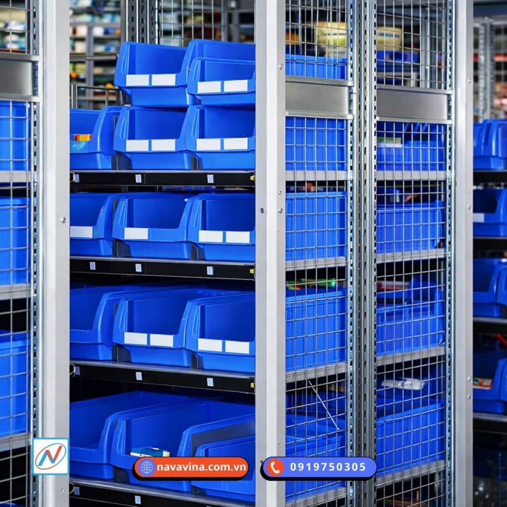 kệ kho phụ tùng với các hộp chứa hàng gọn gàn