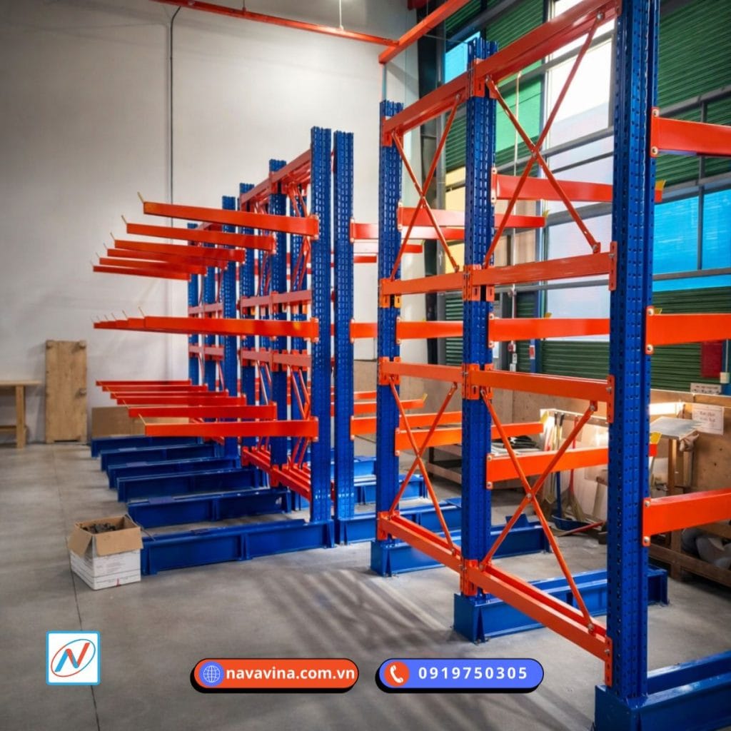 kệ tay đỡ cho các kho hàng cần kê đỡ vật liệu dài như sắt thép, gỗ, ông nhựa